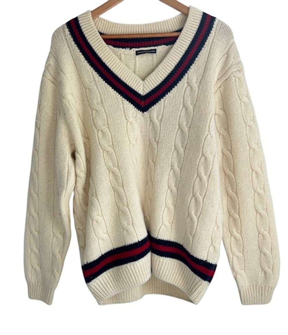 Brandy Melville Nikki Cable Knit Sweater Cream Cable Knit Red Navy Striped Trim